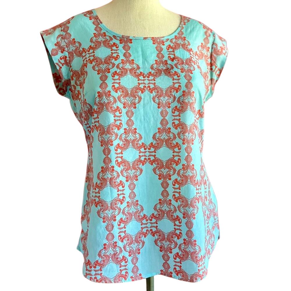 Womens Top Size XS Blue Orange Retro Funky Indie Statement Professional Workwear